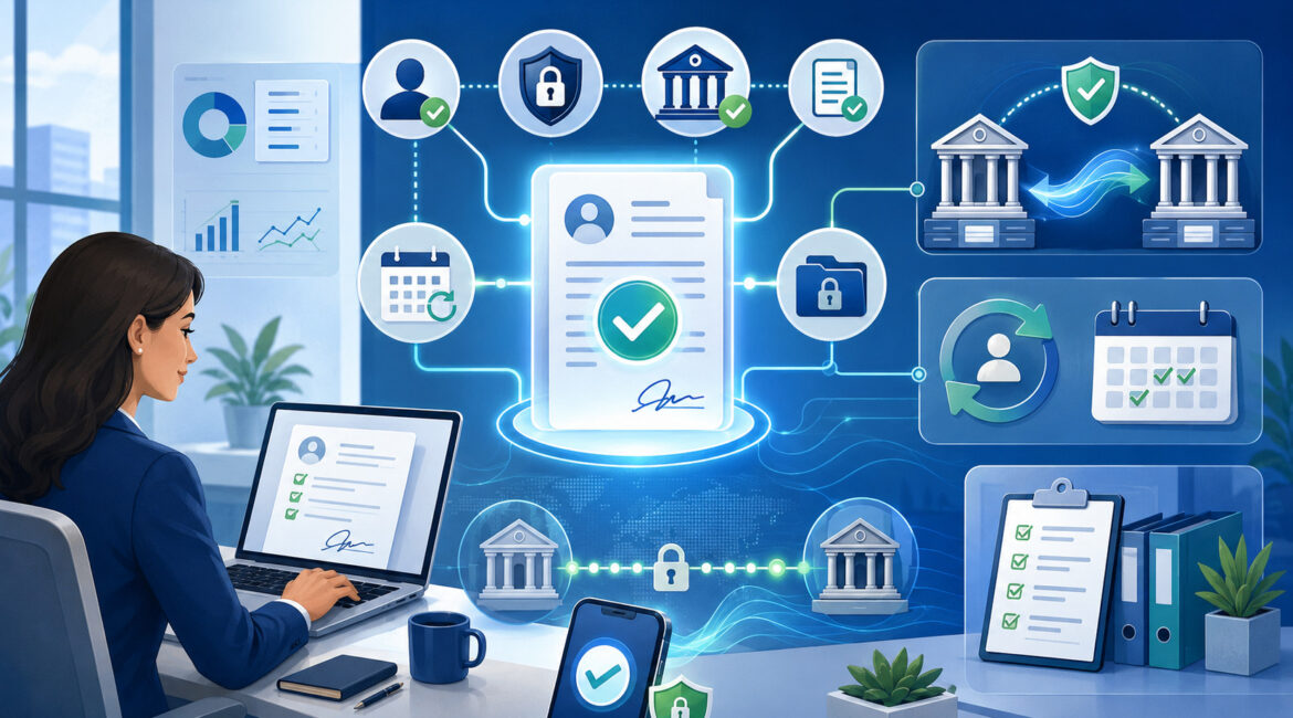 ACH authorization workflow with secure bank transfer and recurring payment approval icons