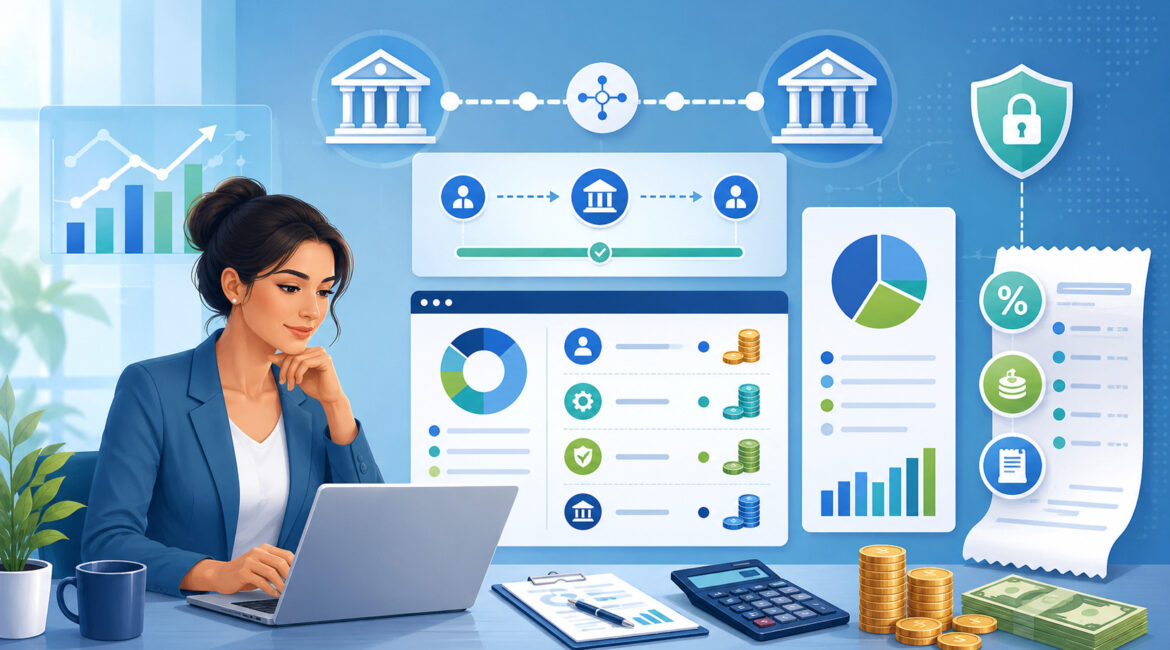 ACH processing costs dashboard with bank transfer fee icons