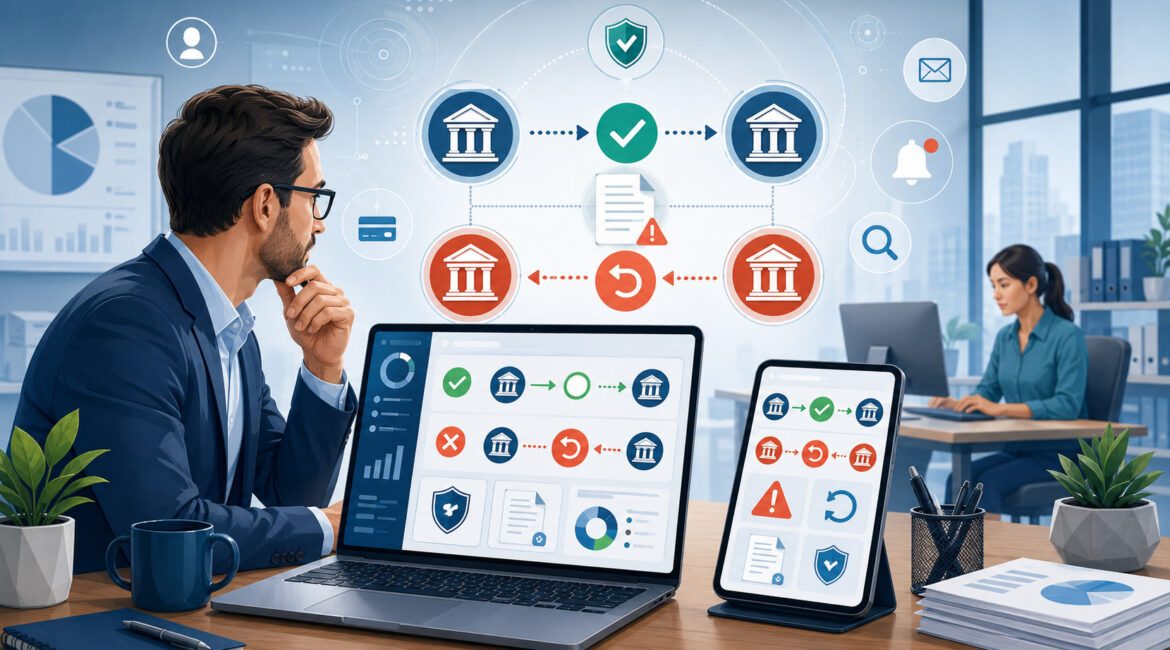 ACH return and rejection process shown with banking icons, payment dashboards, and alert symbols