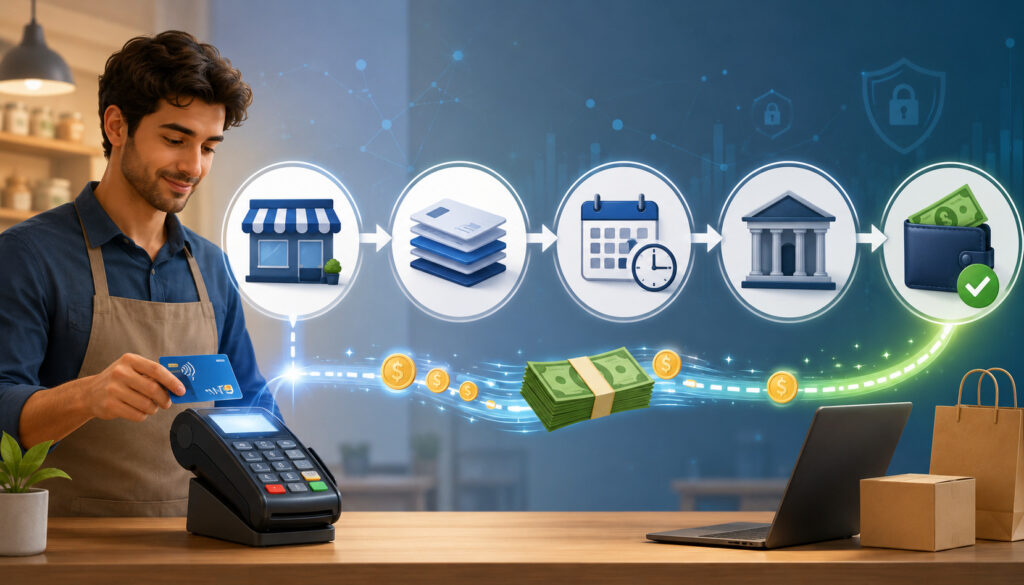 Batch settlement and merchant funding timeline illustration