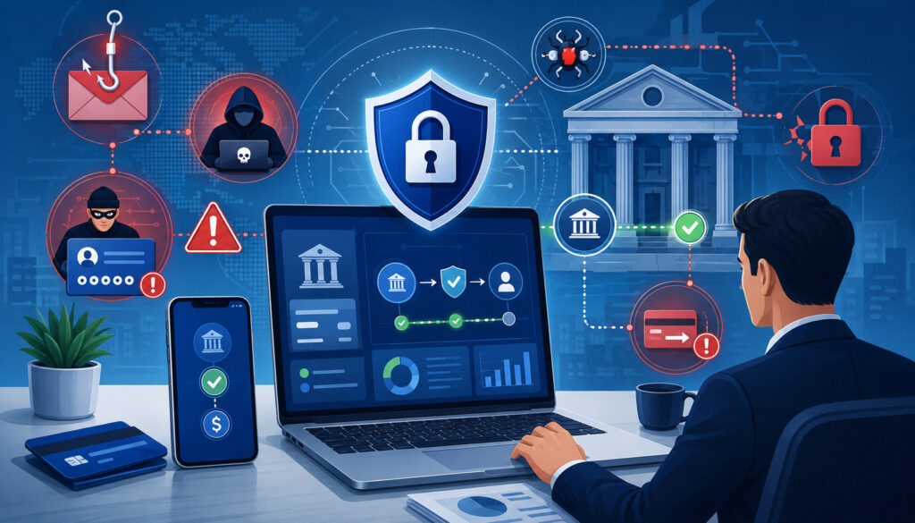 ACH payment security risks illustration with fraud alerts and protected bank transfers