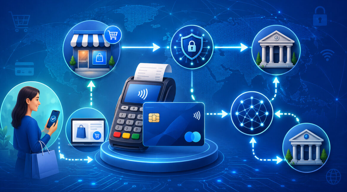Credit card payment network flow with customer, merchant, banks, and secure transaction icons