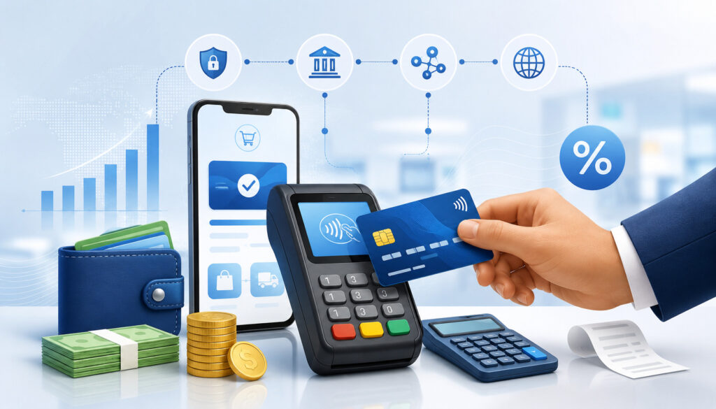 Debit card processing fees illustration with payment terminal and finance icons