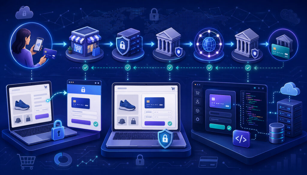 Credit card checkout integration and transaction flow illustration