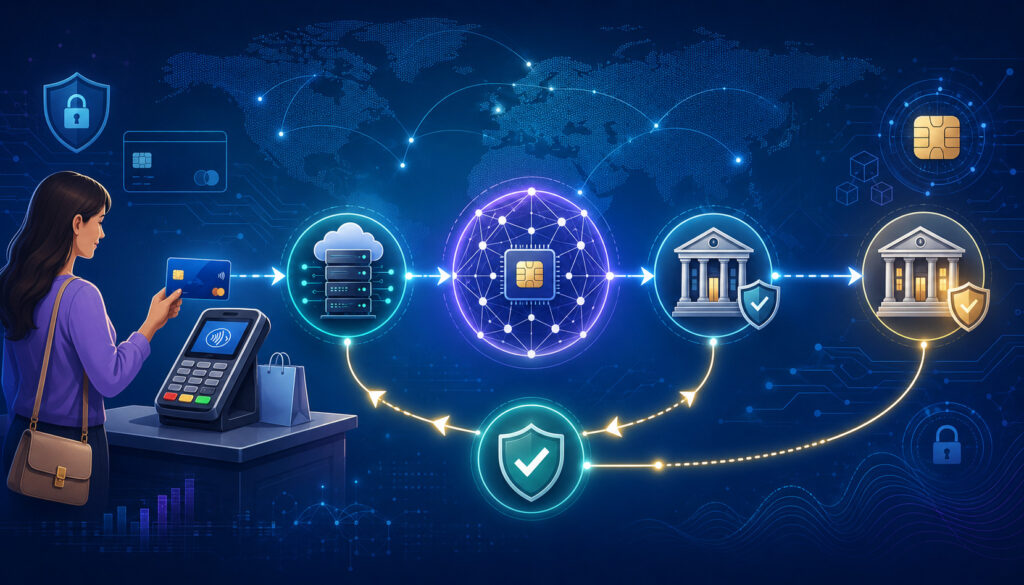 Credit card transaction network flow illustration