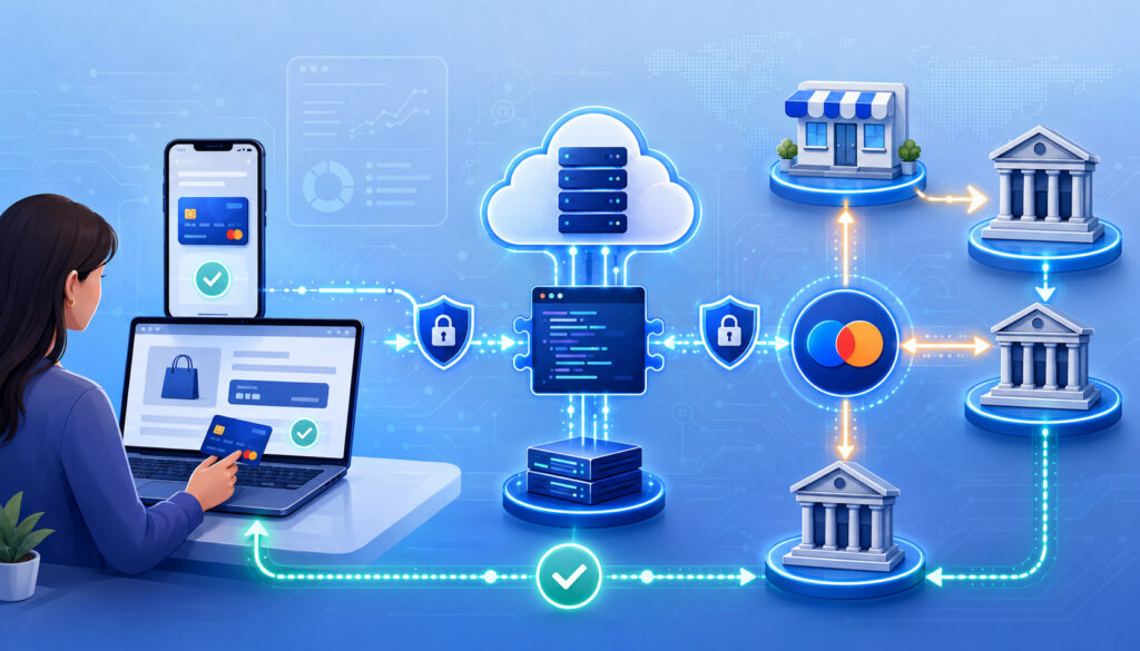 Payment gateway API and credit card network transaction flow illustration