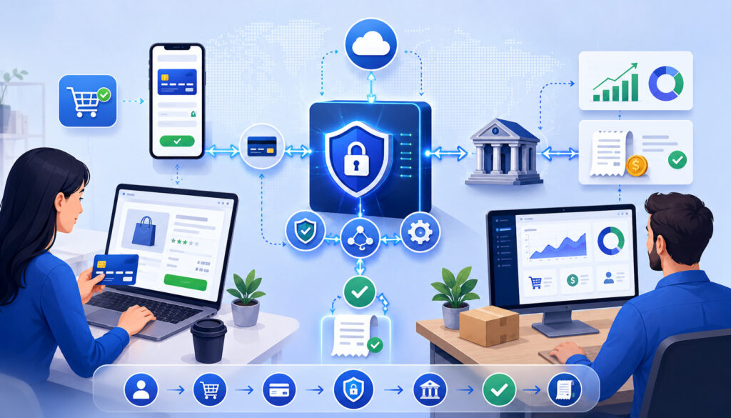 Payment gateway integration process with secure online checkout and transaction flow
