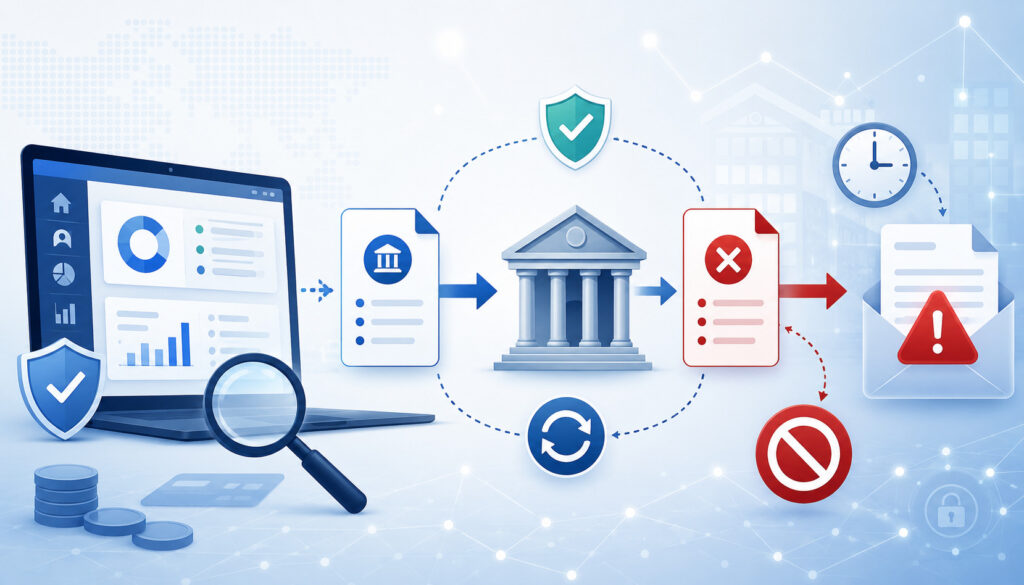 ACH rejection process with failed payment flow and alert icons
