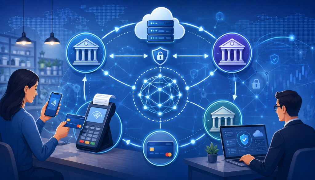 Secure digital payment transaction network with banks, cardholder, merchant, and processor icons