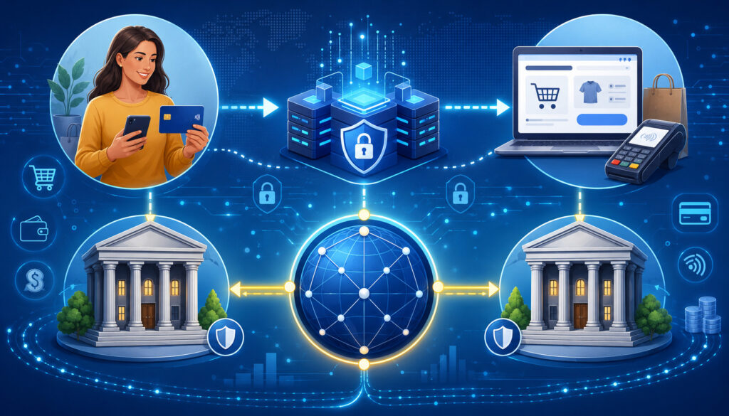 Credit card transaction processing network illustration