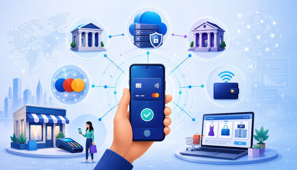 Mobile payment processing ecosystem illustration with key parties and secure transaction flow