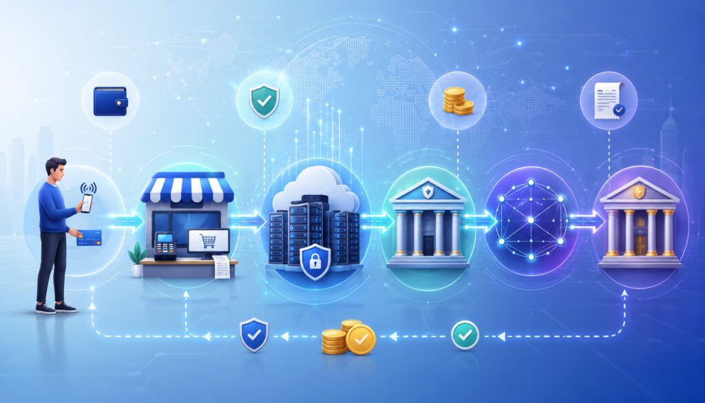 Payment settlement parties and digital transaction flow illustration