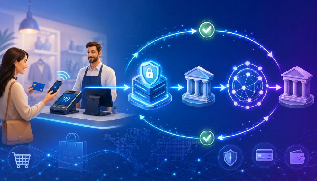 Credit card authorization process with customer, merchant, banks, and payment network icons