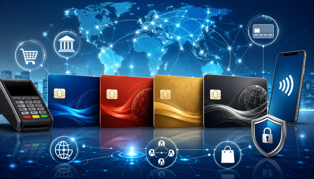 Global credit card payment networks illustration