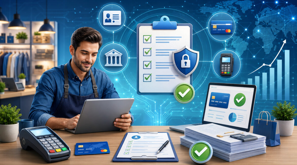 Small business merchant reviewing account approval checklist with fintech icons and payment devices