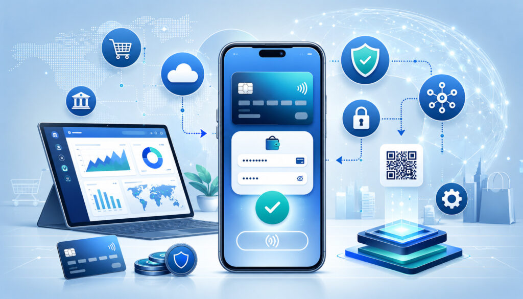 Mobile payment gateway integration with secure checkout and digital payment icons