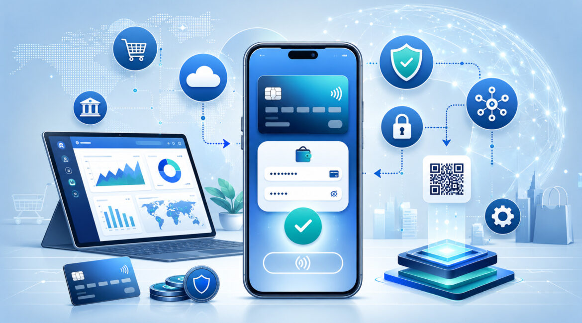 Mobile payment gateway integration with secure checkout and digital payment icons