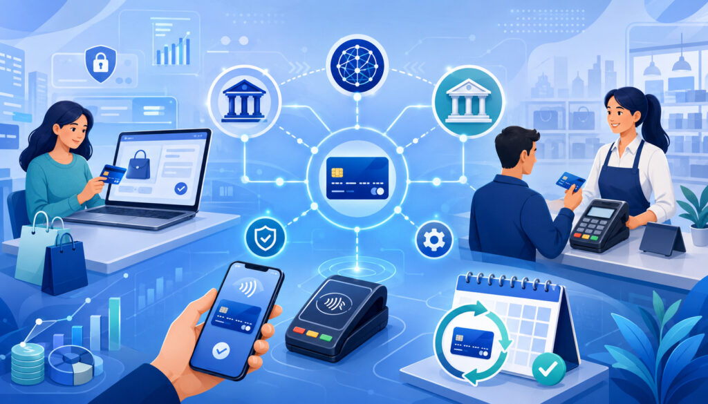 Illustration of online, in-person, mobile, and recurring credit card payment authorization in a digital payments network