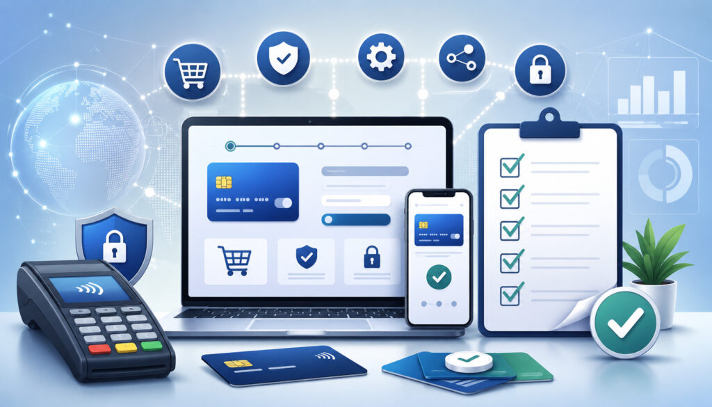 Payment gateway setup checklist with secure checkout and payment icons