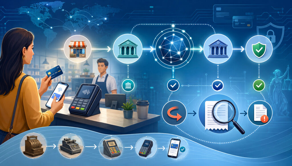 Credit card transaction network with payment processing and chargeback review icons