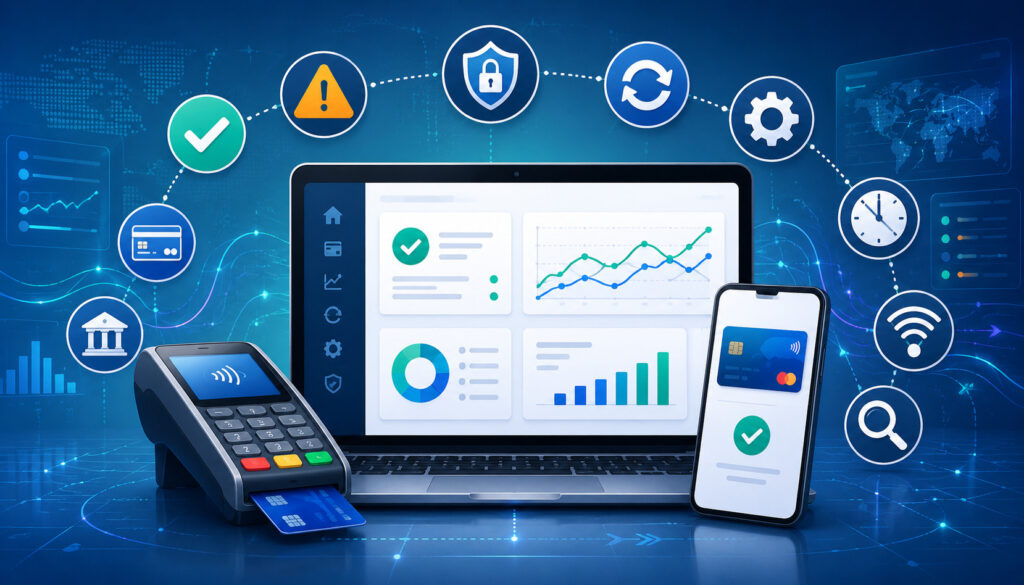 Payment processing troubleshooting dashboard with card terminal and security icons
