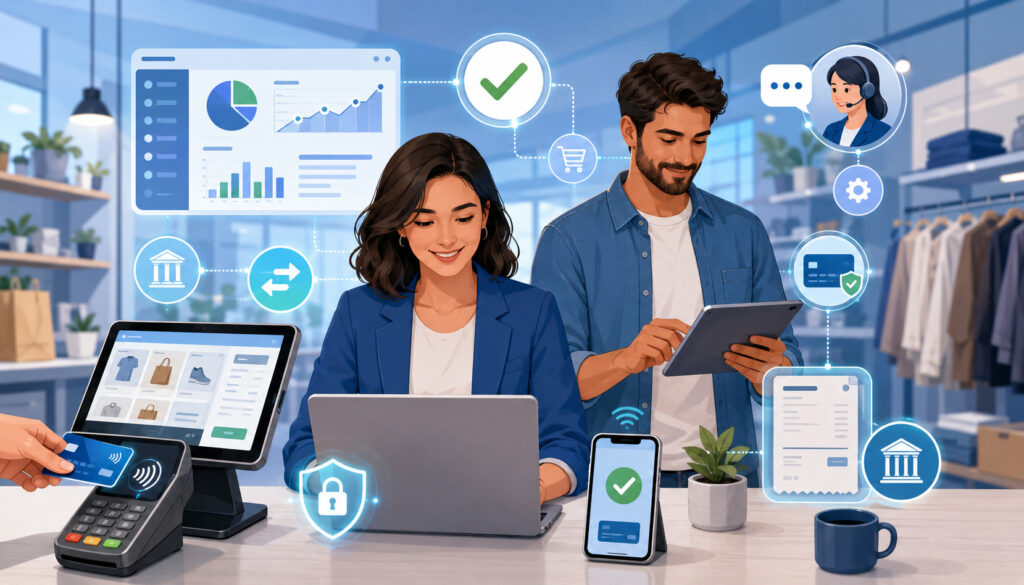 Business payment processing solutions with POS, mobile payments, security icons, and analytics dashboard