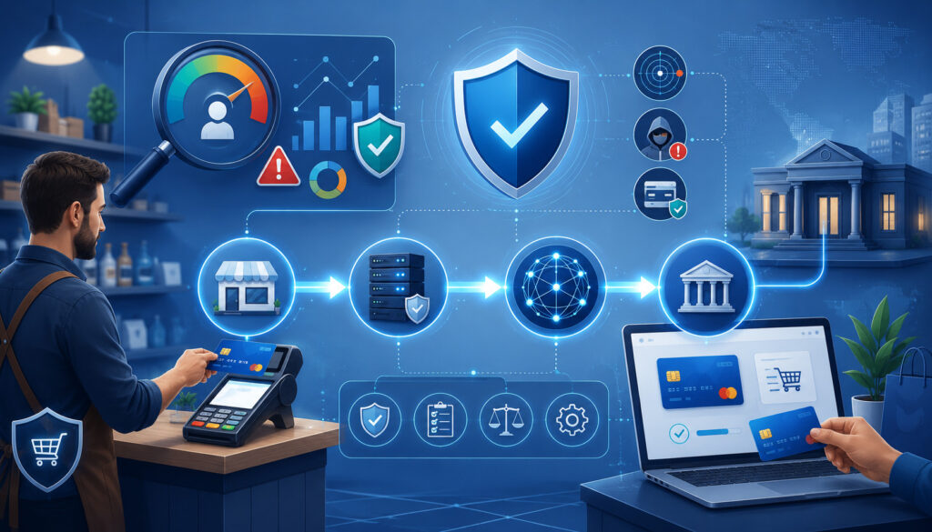 Credit card transaction risk assessment and secure payment network illustration