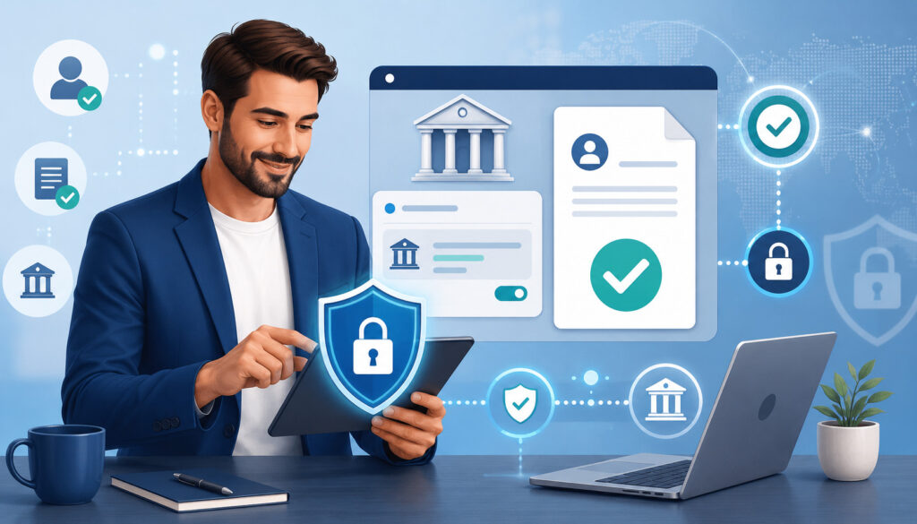 Secure ACH debit authorization with digital banking security icons