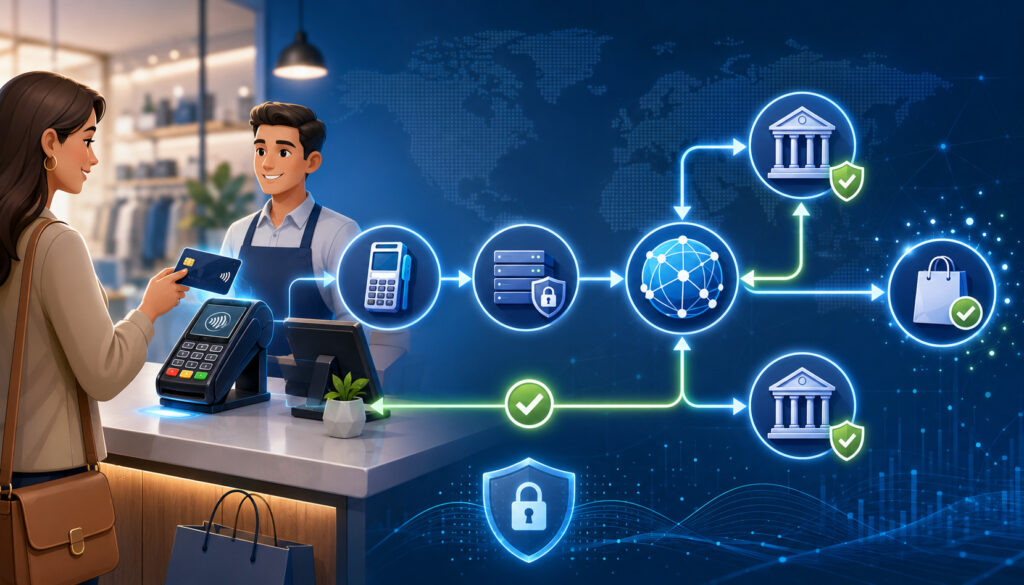 Credit card transaction flow through secure payment network