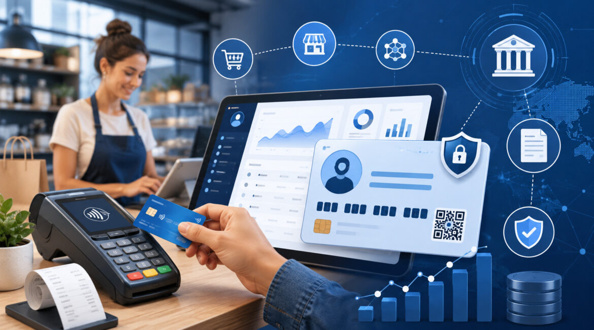 Merchant identification number illustration with payment terminal and secure merchant ID icons