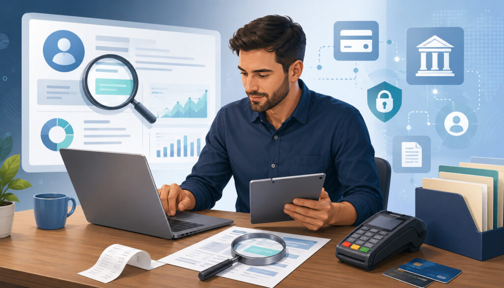 Business owner searching for merchant identification number on payment documents