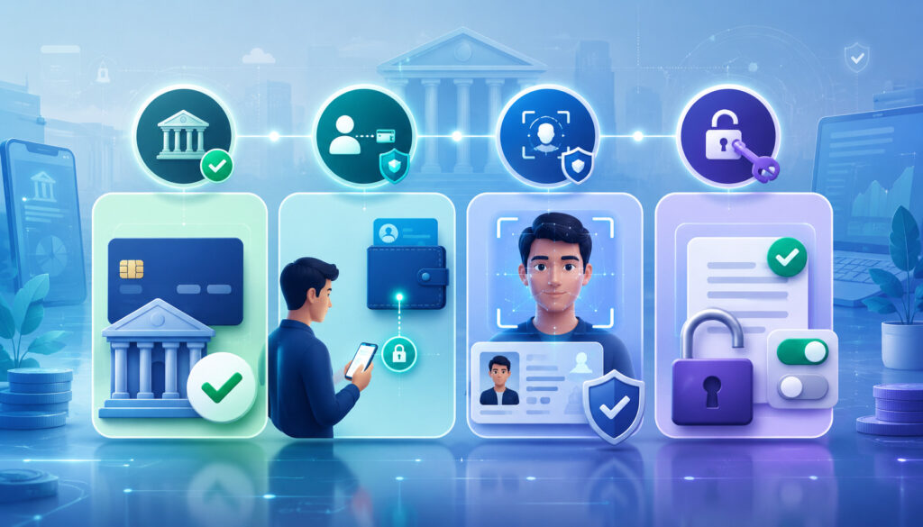 Fintech illustration showing account validation, ownership verification, identity verification, and authorization security processes