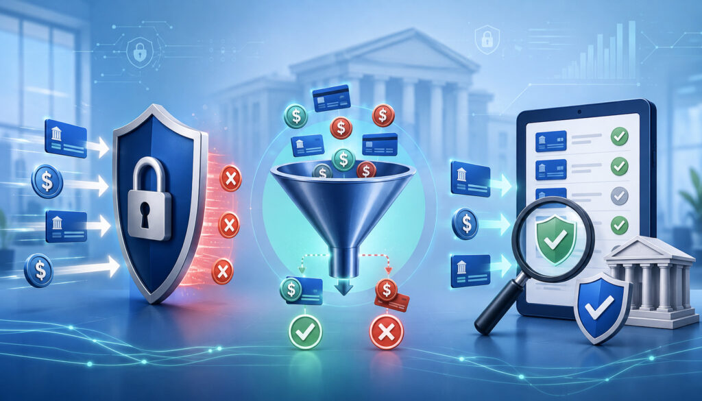 ACH payment security illustration showing debit block, transaction filtering, and positive pay verification