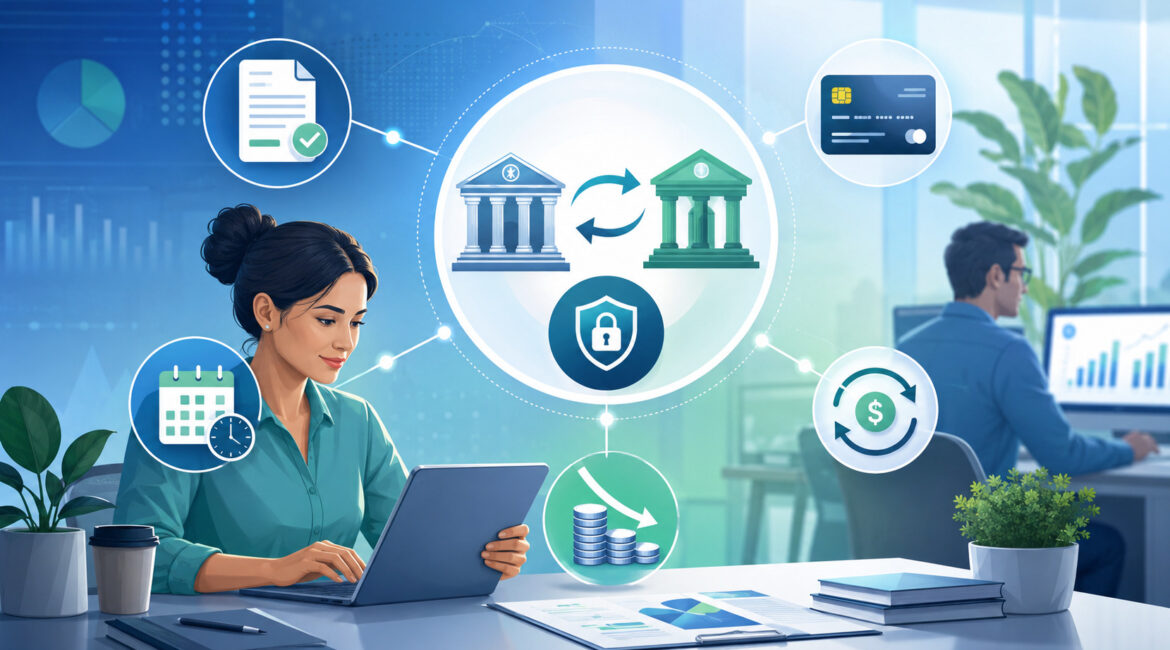 Business professionals managing secure ACH bank transfers and recurring payments