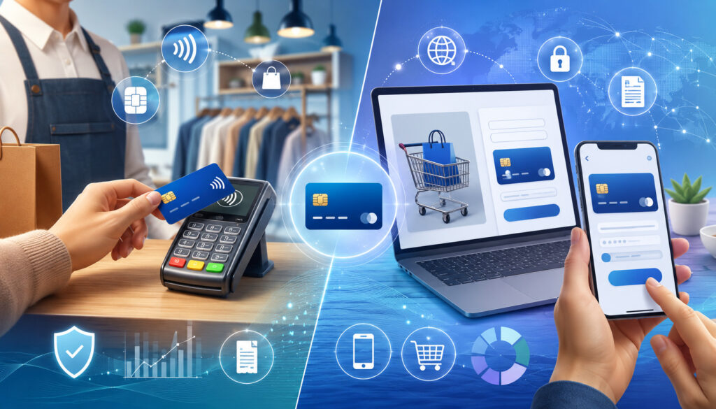 Card-present and card-not-present payments using a POS terminal, laptop, and smartphone