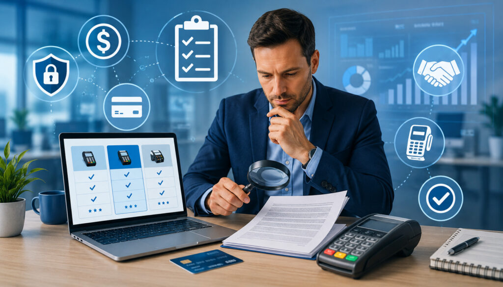 Business owner comparing payment processors and reviewing a merchant services agreement
