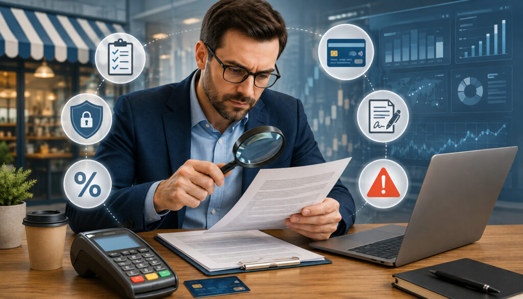 Business owner reviewing a merchant services agreement with payment and security icons