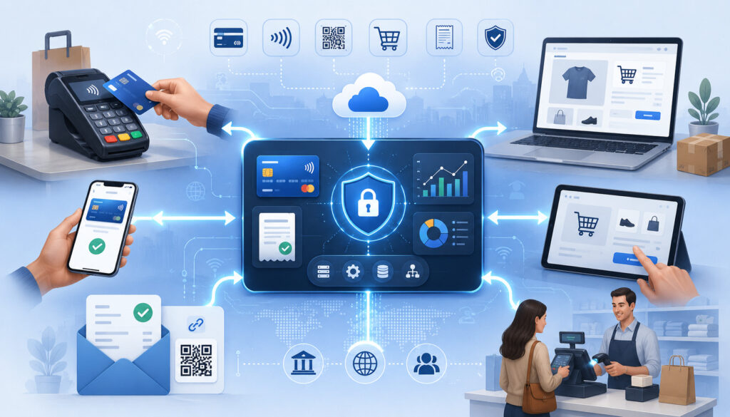 Multi-channel payment processing connecting in-store, online, mobile, and invoice payments