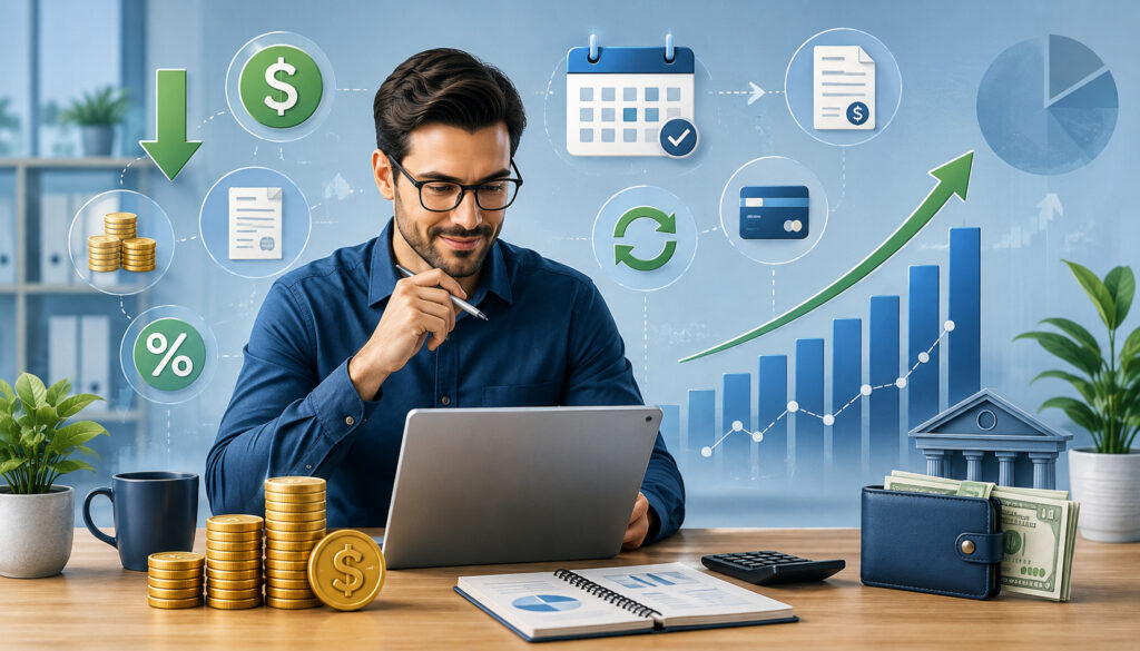 Business owner analyzing lower costs and improved cash flow