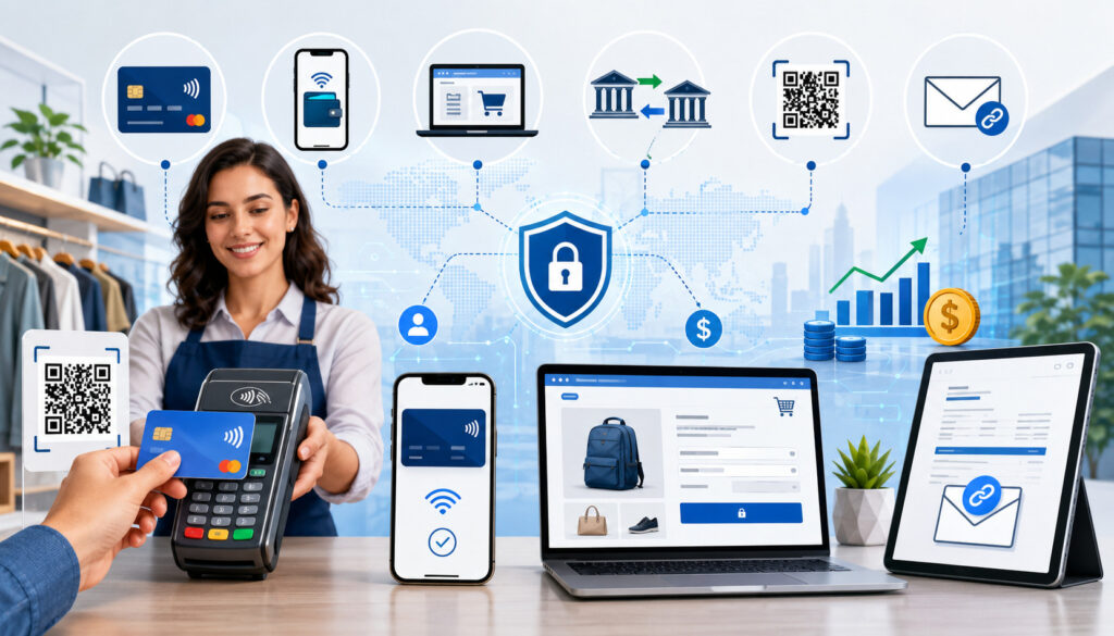 Business owner accepting card, mobile wallet, QR code, and online electronic payments