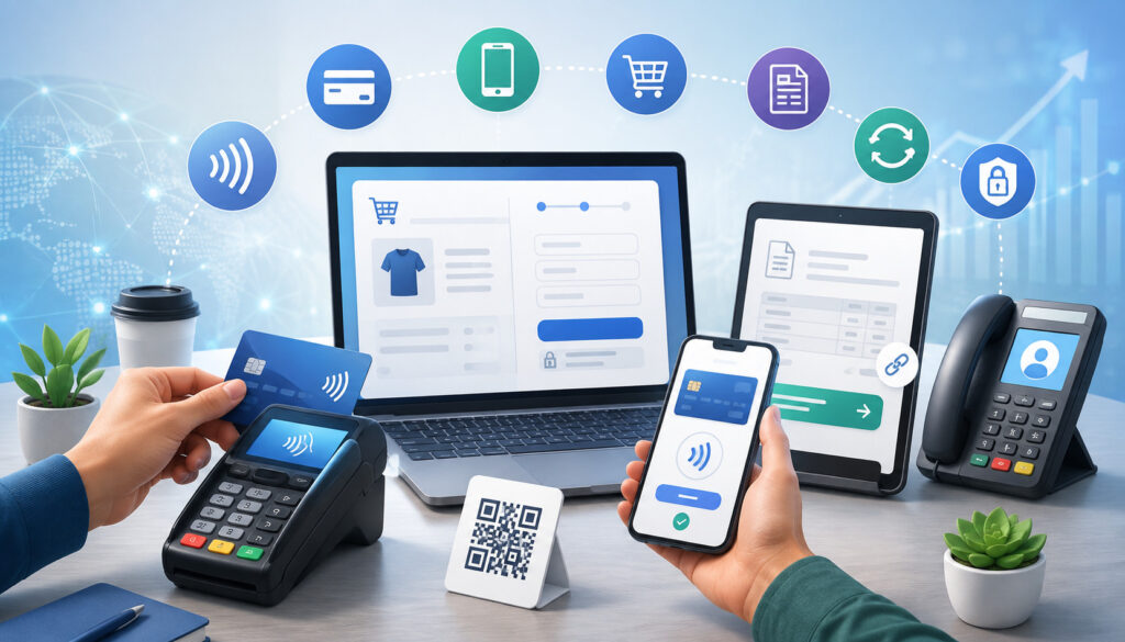 Multiple payment acceptance channels including POS, mobile, online, QR code, and phone payments