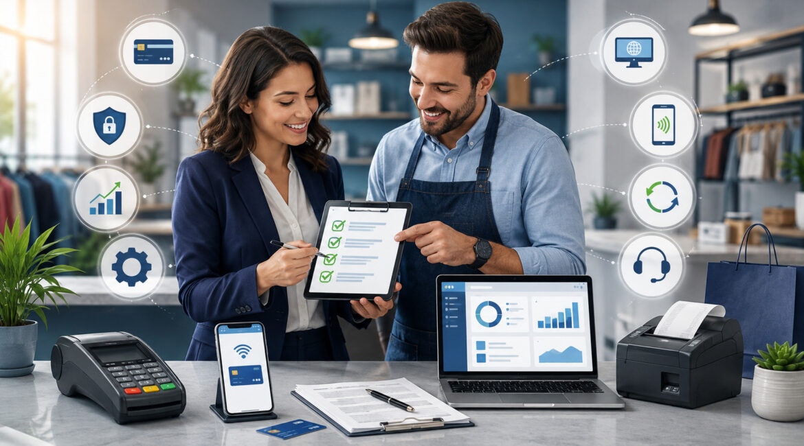 Business owner reviewing a merchant services checklist with payment tools