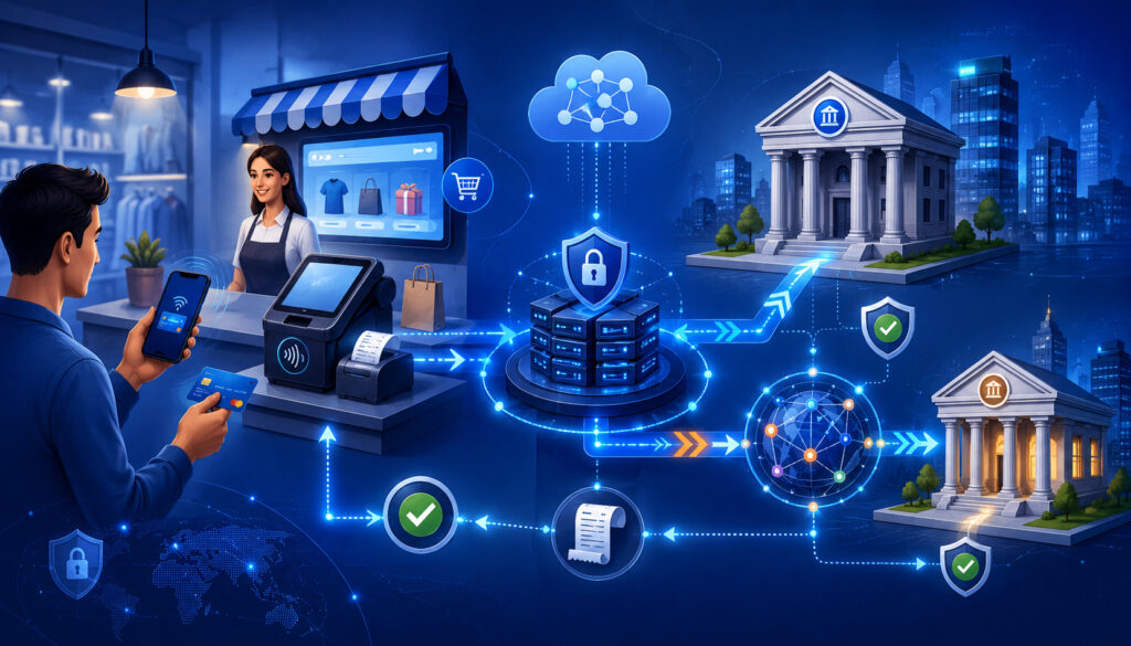 Customer, merchant, payment processor, card network, and banks connected in a secure payment transaction