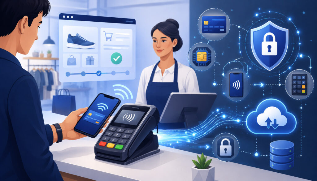 Customer making a secure contactless payment while transaction data is captured