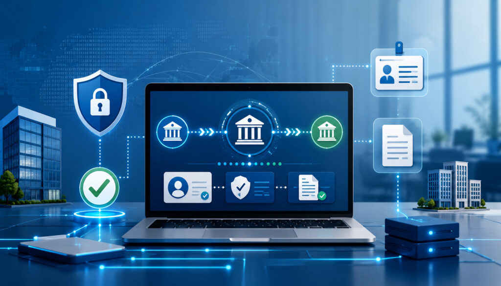 Secure ACH payment network with bank, ID verification, approval, and security icons