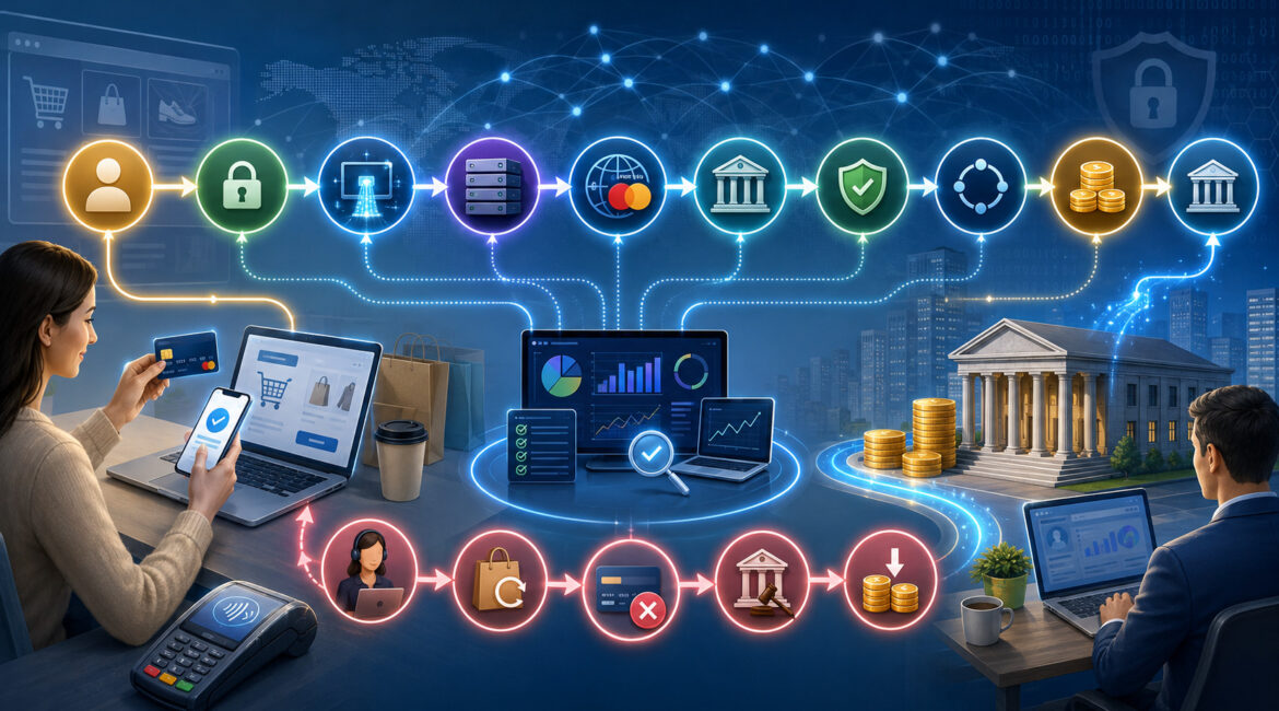 Digital payment transaction life cycle from authorization to settlement and refunds