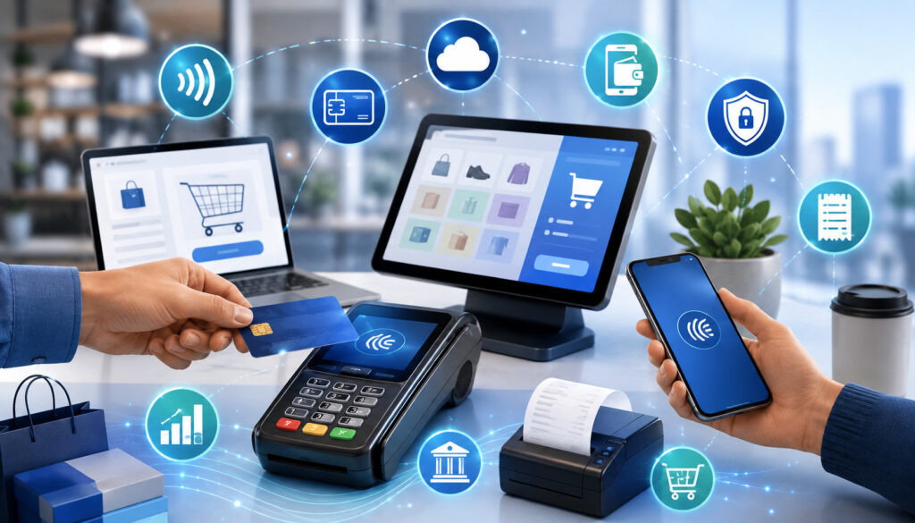 Modern payment technology with POS terminal, contactless card, smartphone, and digital checkout devices