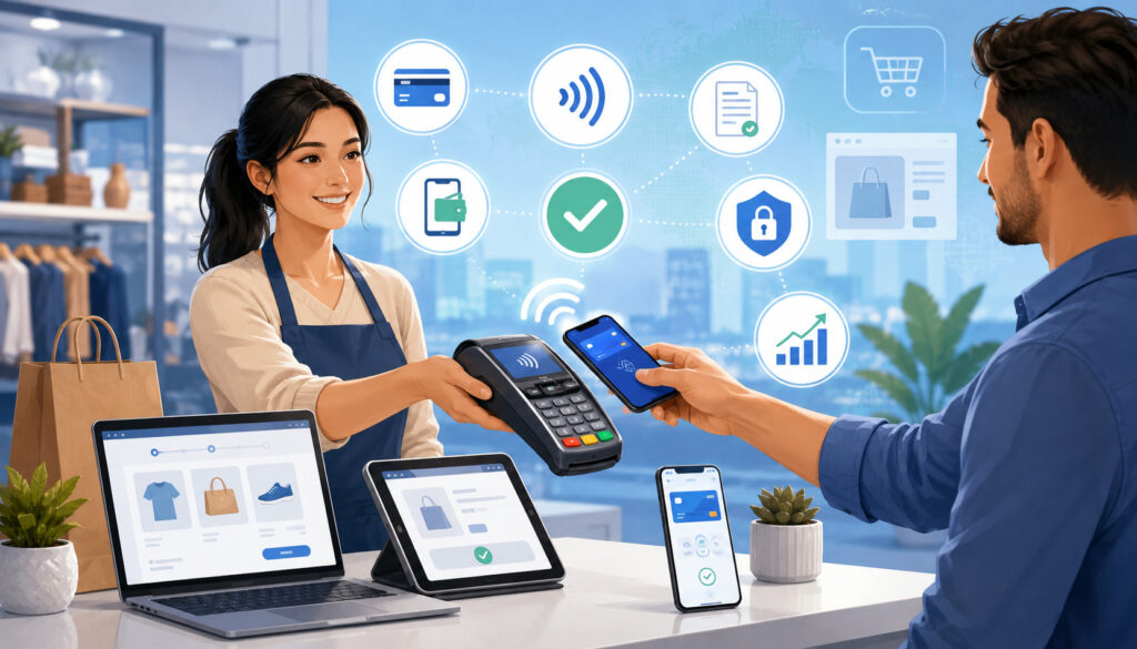 Customer making a secure contactless electronic payment at a retail checkout