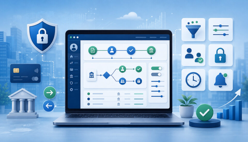 ACH payment controls dashboard with security, approval, and workflow icons